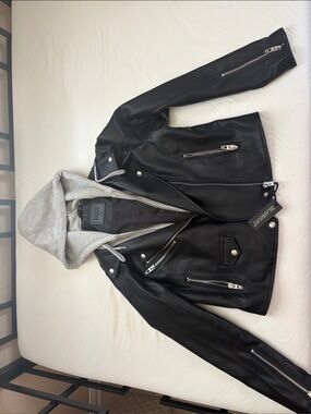 Blank NYC Black Faux Leather Jacket with Gray Hood